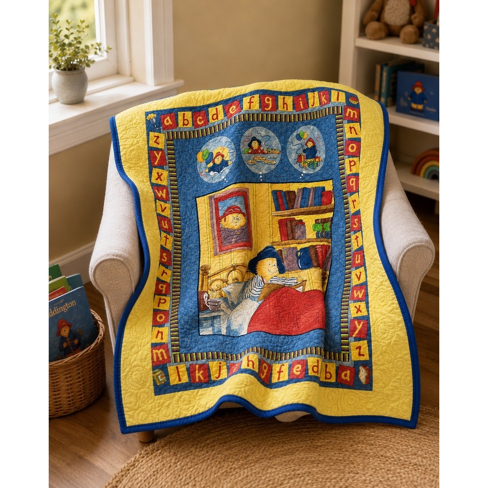 Vintage Handmade Paddington Bear Toddler Quilt 42x48 Alphabet Storybook Bedding